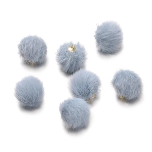Detail of 17mm grey blue faux mink fur pompom charms with gold metal loops for DIY jewelry