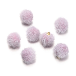 Macro detail of soft light purple faux mink fur pompom beads with golden metal loops