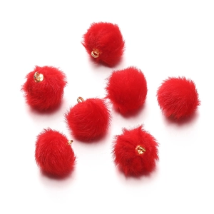 Detail view of 17mm red faux mink fur balls with gold metal rings for DIY jewelry