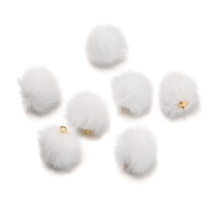 Close-up of seven white faux mink fur balls with golden loops for DIY jewelry making