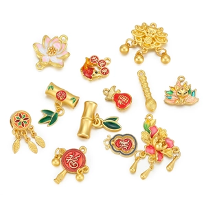 Vintage Alloy Enamel Lucky Pendants Chinese Style Lotus Koi Fortune Bag Gourd Bamboo DIY Jewelry Making Accessories