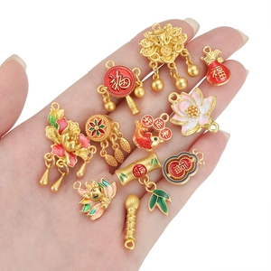 Golden Chinese lucky charms with colorful enamel drip oil finish for DIY jewelry making