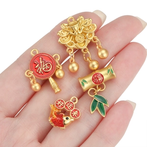 Traditional Chinese style gold enamel pendants featuring lucky charms and koi fish motifs