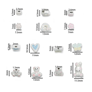 Detailed grid of colorful enamel animal charms with precise dimensions for DIY jewelry