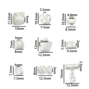 Detailed view of nine silver DIY charms with dimensions and traditional Fu symbols