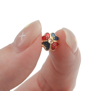 18K gold clover bead spacer with red and blue enamel petals for DIY jewelry making