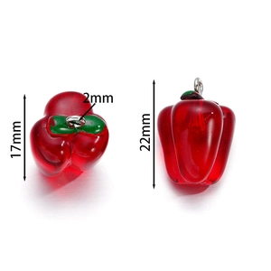 Macro view of transparent red resin pepper charm with metal loop and 22mm size specs