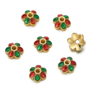 Detail of 10mm 18K matte gold flower bead caps with red and green enamel coating for DIY