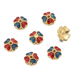 Detail of 10mm flower spacers with gold plating and red blue enamel for DIY jewelry