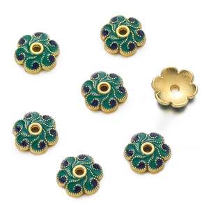 Detail of 10mm gold flower bead caps with green and blue enamel for DIY jewelry making