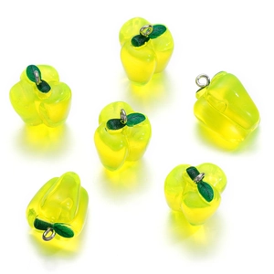 Detailed view of six translucent resin bell pepper charms with silver metal loops