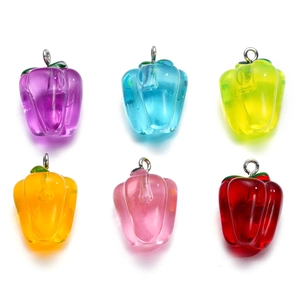 Detailed close-up of six colorful resin bell pepper charms for DIY jewelry making