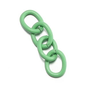 Close-up of light green painted metal extension chain with four oval interlocking links