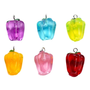 Set of six colorful resin bell pepper charms with metal loops for DIY jewelry making