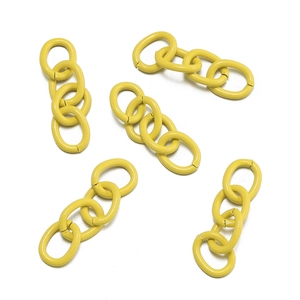 Detail of five yellow matte finish four-link metal chains for DIY keychain accessories