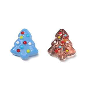 Detail showing blue and brown glass Christmas tree beads with colorful hand-painted dots