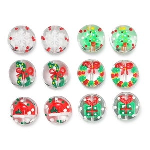 Détail de 12 perles de Noël en verre avec flocons de neige et motifs de fête