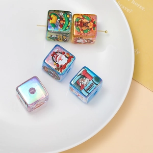 Iridescent cube beads with Merry Christmas prints and pre-drilled holes for DIY jewelry