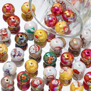 Colorful Christmas acrylic round beads with Santa and reindeer prints for DIY crafts