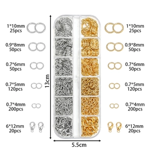 DIY jewelry kit with gold and silver jump rings and lobster clasps in a 12-slot plastic box