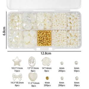 Detail of 10-grid jewelry box with faux pearls and gold beads for DIY bracelet making