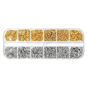 DIY jewelry kit with gold and silver lobster clasps and jump rings in a 12-slot plastic box