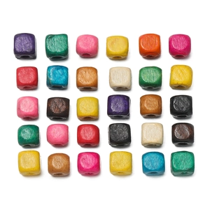 Macro detail of colorful square wooden beads in a 5x6 matrix grid for DIY jewelry making