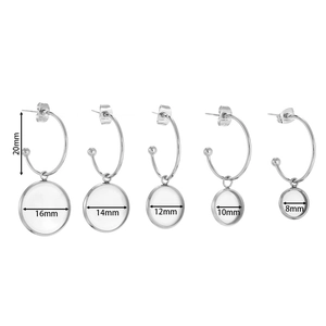 Detailed view of silver stainless steel earring bezel trays and hooks in various sizes