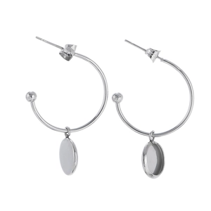Silver C-shaped stud earrings with blank round bezel trays for DIY jewelry making