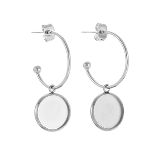 Detail of silver stainless steel C-shape earring hooks with round bezel cups for DIY jewelry