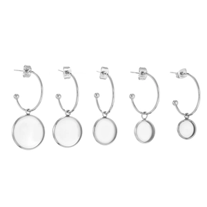 Five pairs of round stainless steel bezel earring hooks in various sizes for DIY jewelry