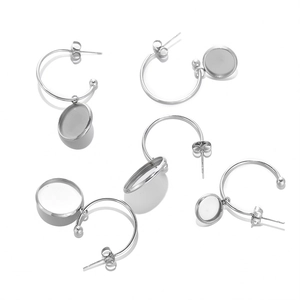 Silver stainless steel C-shaped earring posts with round tray blanks for DIY jewelry