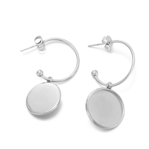 Polished stainless steel hoop earrings with round tray base for DIY jewelry making
