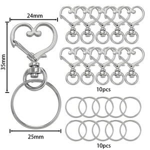 Set di chiusure a moschettone a cuore e anelli portachiavi argento con misure dettagliate