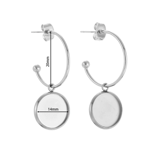 Detailed view of silver stainless steel earring hooks with 14mm round tray pendants