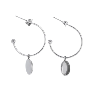 Polished stainless steel C-shaped stud earrings with round tray pendants for DIY jewelry