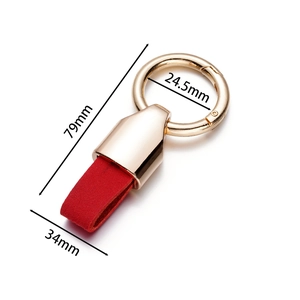 Detailed size measurement of red leather keychain with golden alloy ring and connector