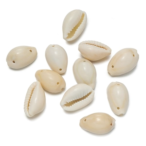 Macro detail of natural cream-white seashells with pre-drilled holes for DIY jewelry making