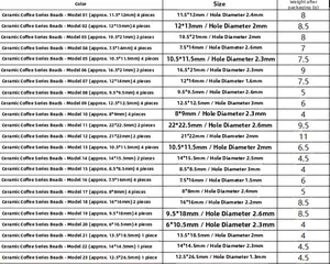 Tabla de tallas de cuentas cerámicas marrones con estilo, tamaño, peso y diámetro