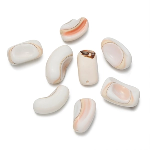Detailed view of polished natural shell charms with pink stripes for DIY jewelry making