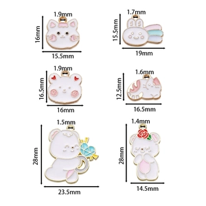 Detailed size chart for assorted enamel cat bear rabbit pendants with gold trim