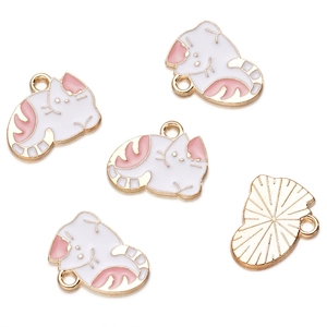 Detail of white enamel cat pendant with gold plating for DIY jewelry and keychains