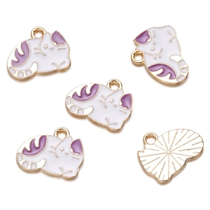 Detailed view of lavender cat pendants with gold plating and textured back for DIY jewelry