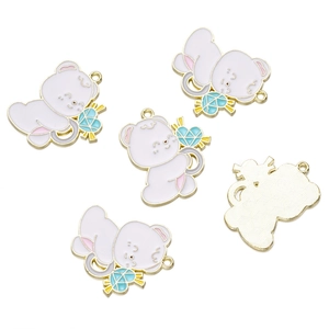 Detail of five lavender purple cartoon bear charms with polished golden mesh texture back