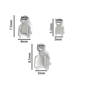 Detailed size chart of silver metal fold-over cord ends for DIY jewelry making