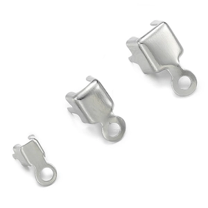 Three sizes of silver metal ribbon ends for DIY jewelry making displayed on white background