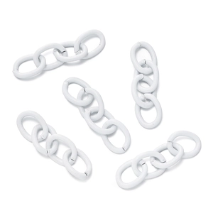 Macro view of white painted metal oval chain links for DIY keychains and jewelry making