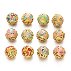 Set of 12 hollow cloisonné enamel flower beads in gold finish for DIY jewelry making