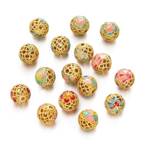 Detailed close-up of hollow copper cloisonné enamel spacer beads for DIY jewelry making