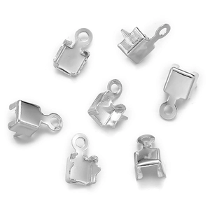 Silver metal ribbon crimp ends with loop for DIY jewelry making and cord fixing